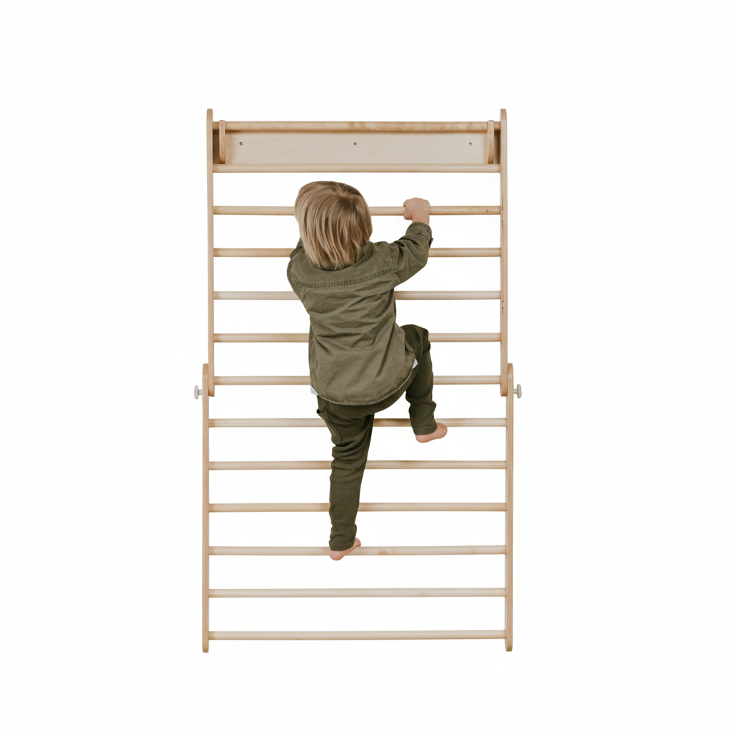 Kind klettert an einer natürlichen Holz Sprossenwand, fördert spielerisch Kraft, Gleichgewicht und Selbstvertrauen im Kinderzimmer.