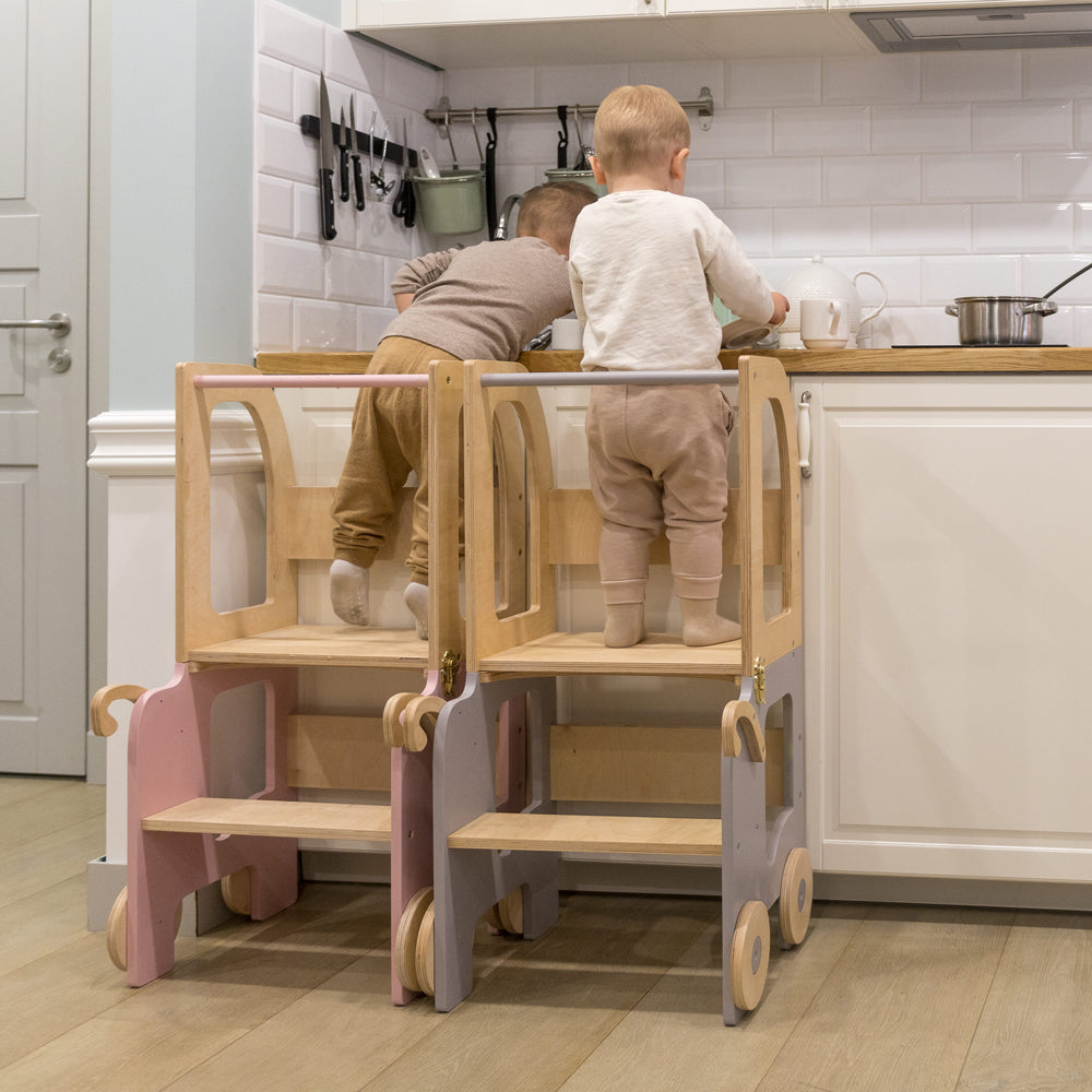 2in1 Lernturm umbaubar als Küchenhelfer und Sitz-Tischset im Auto-Look für Kinder in gelbem Kinderzimmer, Montessori Spielmöbel, Stühle & Hocker