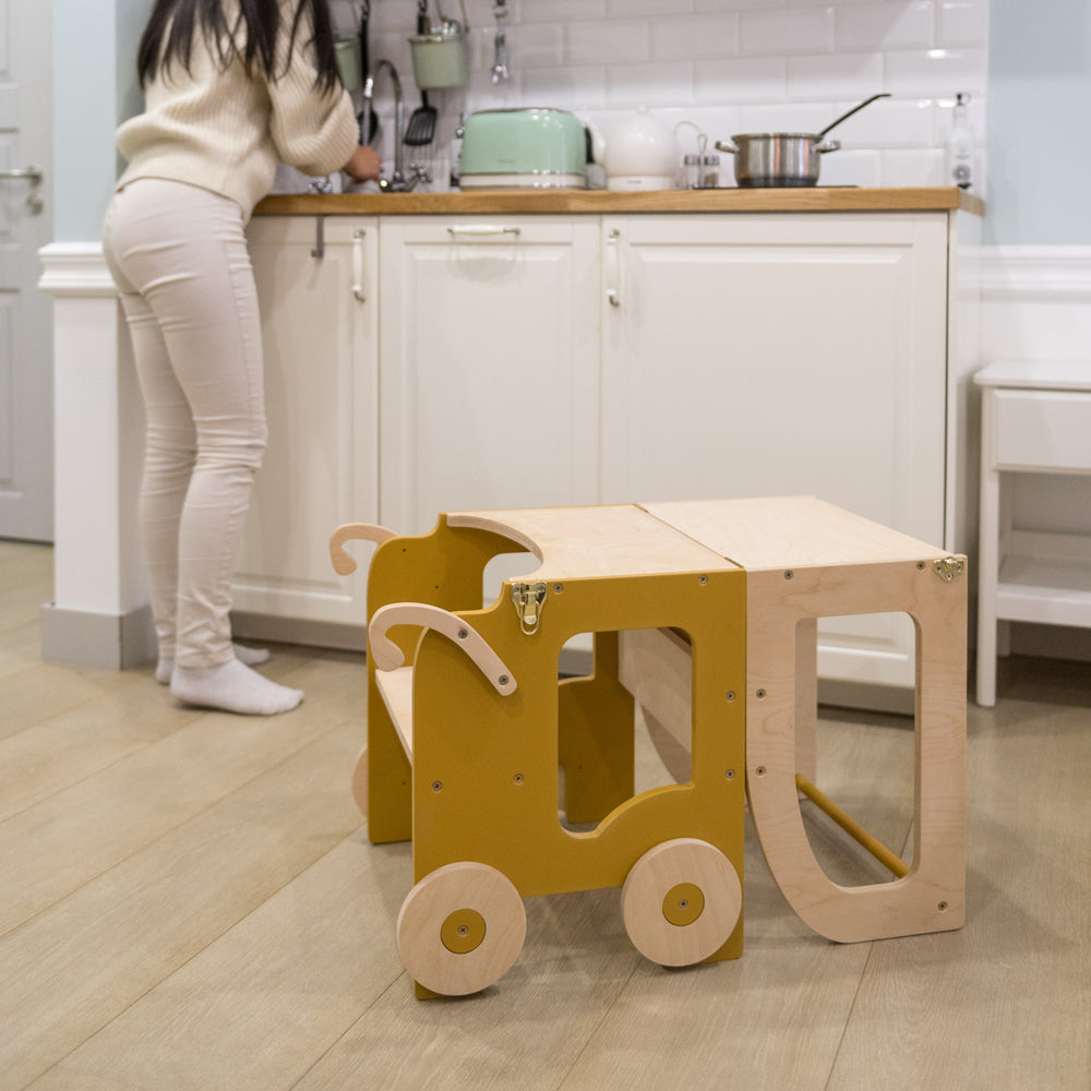 2in1 Lernturm und Sitz-Tischset im Auto-Look, ideal als Küchenhelfer, Sitzmöbel für Kinder, Spiel & Bewegung, Pikler & Montessori Stil