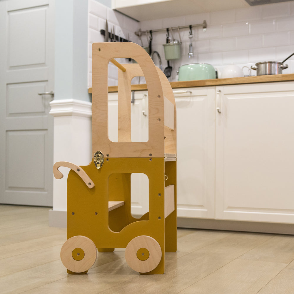 2in1 Lernturm umbaubar im Auto-Look aus Holz für Sitzmöbel Kinder, Spiel & Bewegung, perfekt für Montessori und gelbes Kinderzimmer