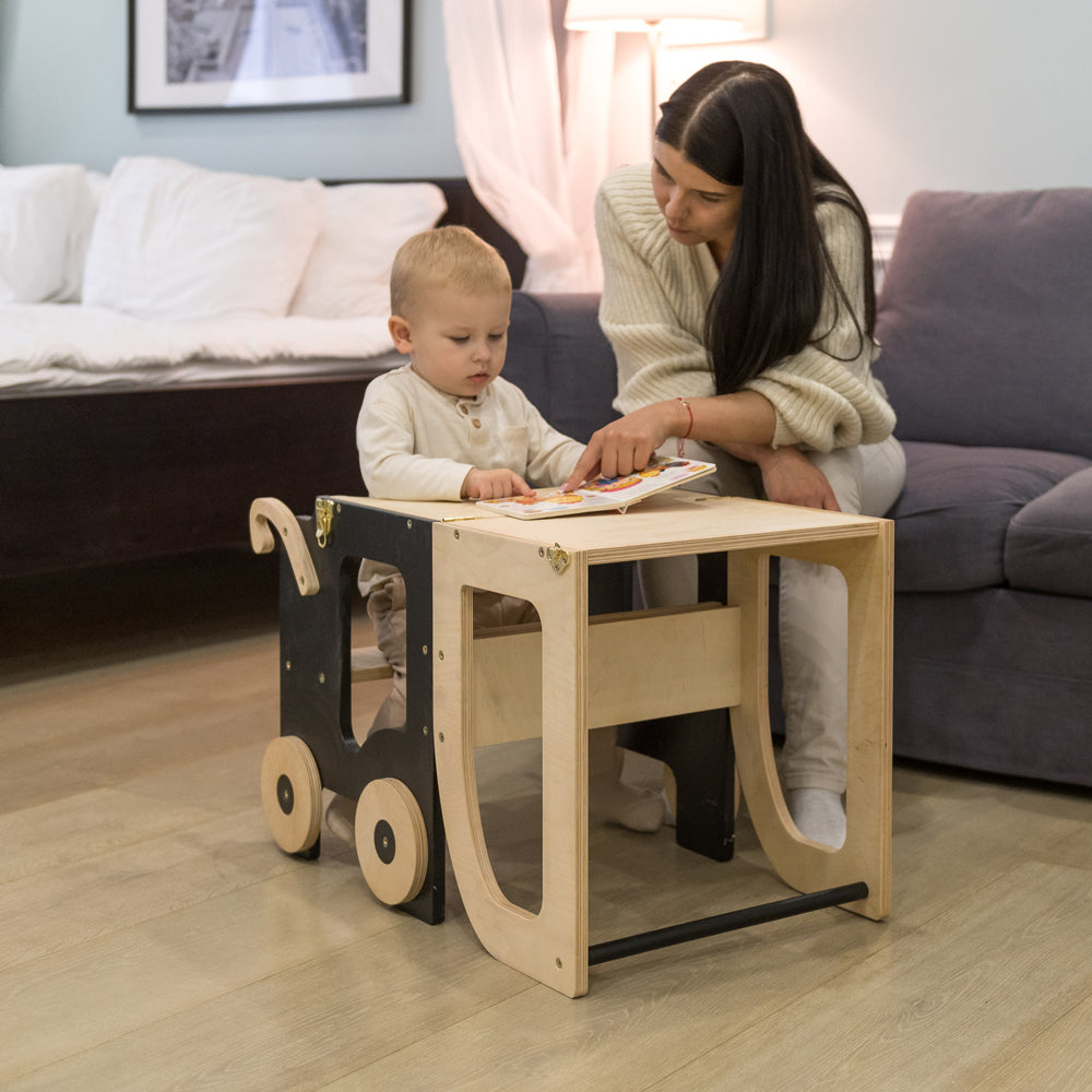 2in1 Lernturm in Auto-Design als Küchenhelfer und Sitz-Tischset für Kinder, ideal für Spielmöbel und Montessori gelbes Kinderzimmer