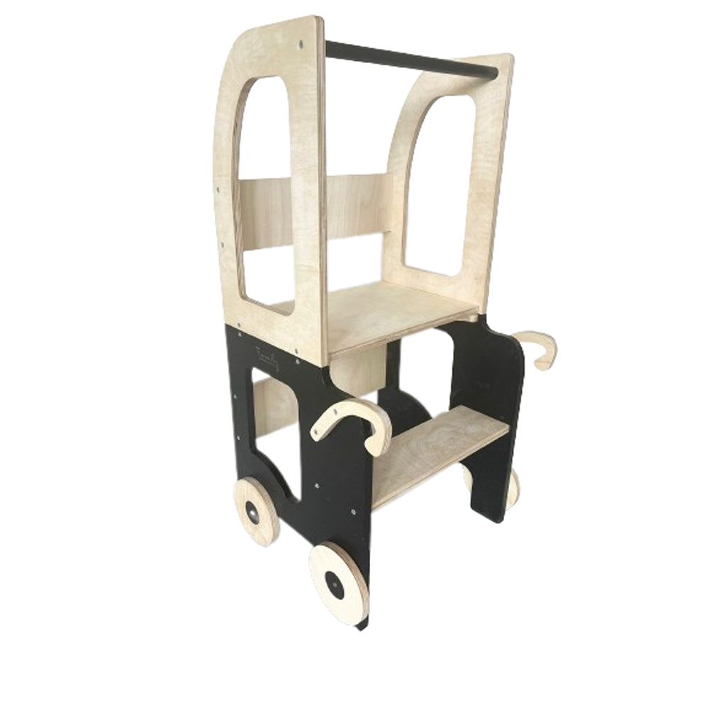 2in1 Lernturm umbaubar in Auto-Look aus Holz, Sitzmöbel für Kinder, Spiel & Bewegung, geeignet für Montessori und Gelbes Kinderzimmer Designs.