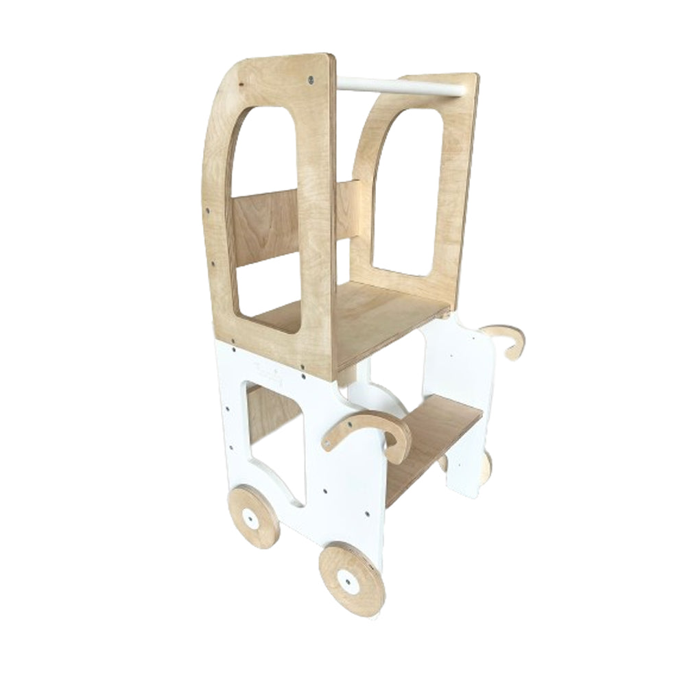 2in1 Lernturm umbaubar mit Küchenhelfer und Sitz-Tischset im Auto-Look für spielerisches Lernen im gelben Kinderzimmer Montessori Stil