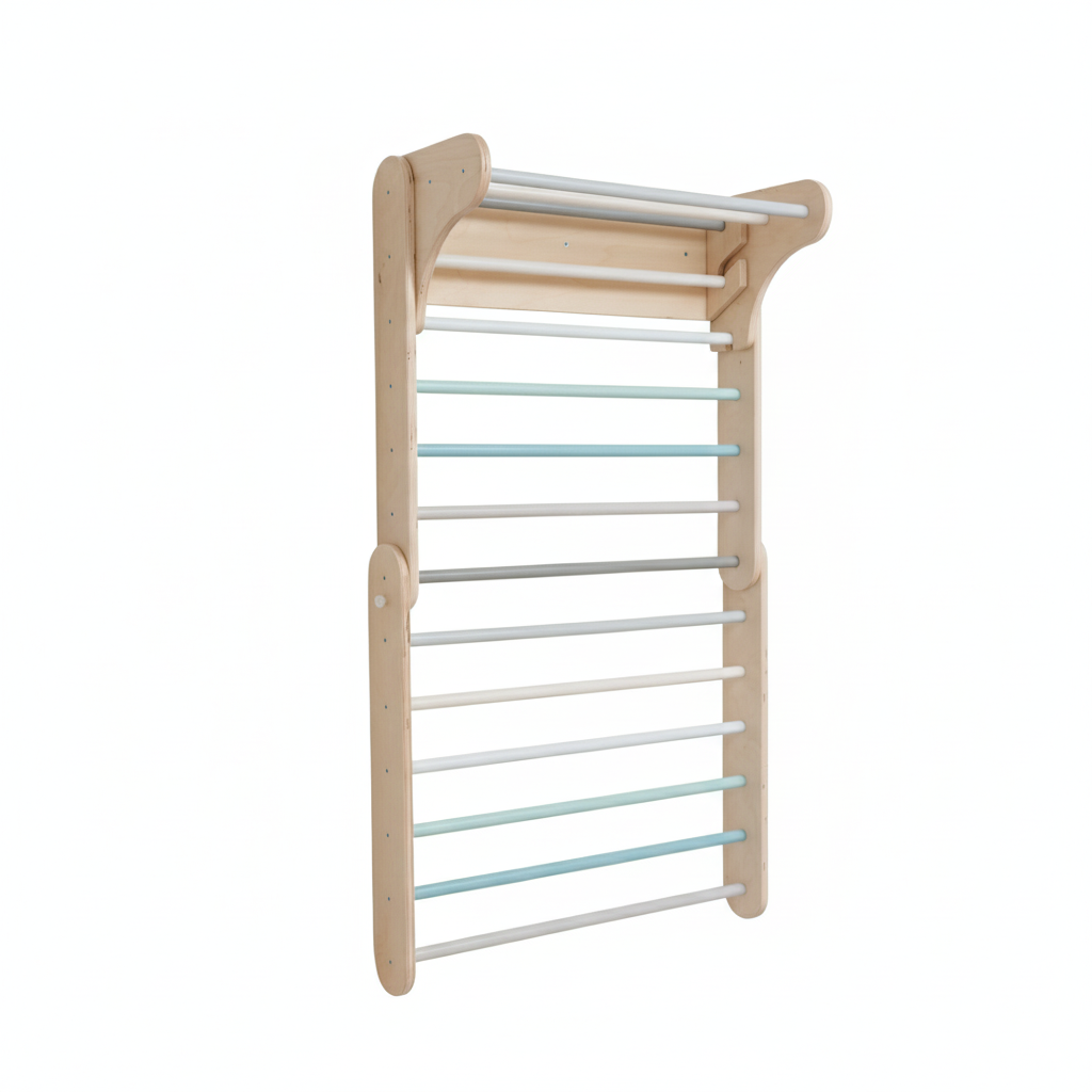 Sprossenwand aus Birkenholz in Pastelltönen, fördert spielerisch Motorik und Gleichgewicht bei Kindern von 6 Monaten bis 7 Jahren.