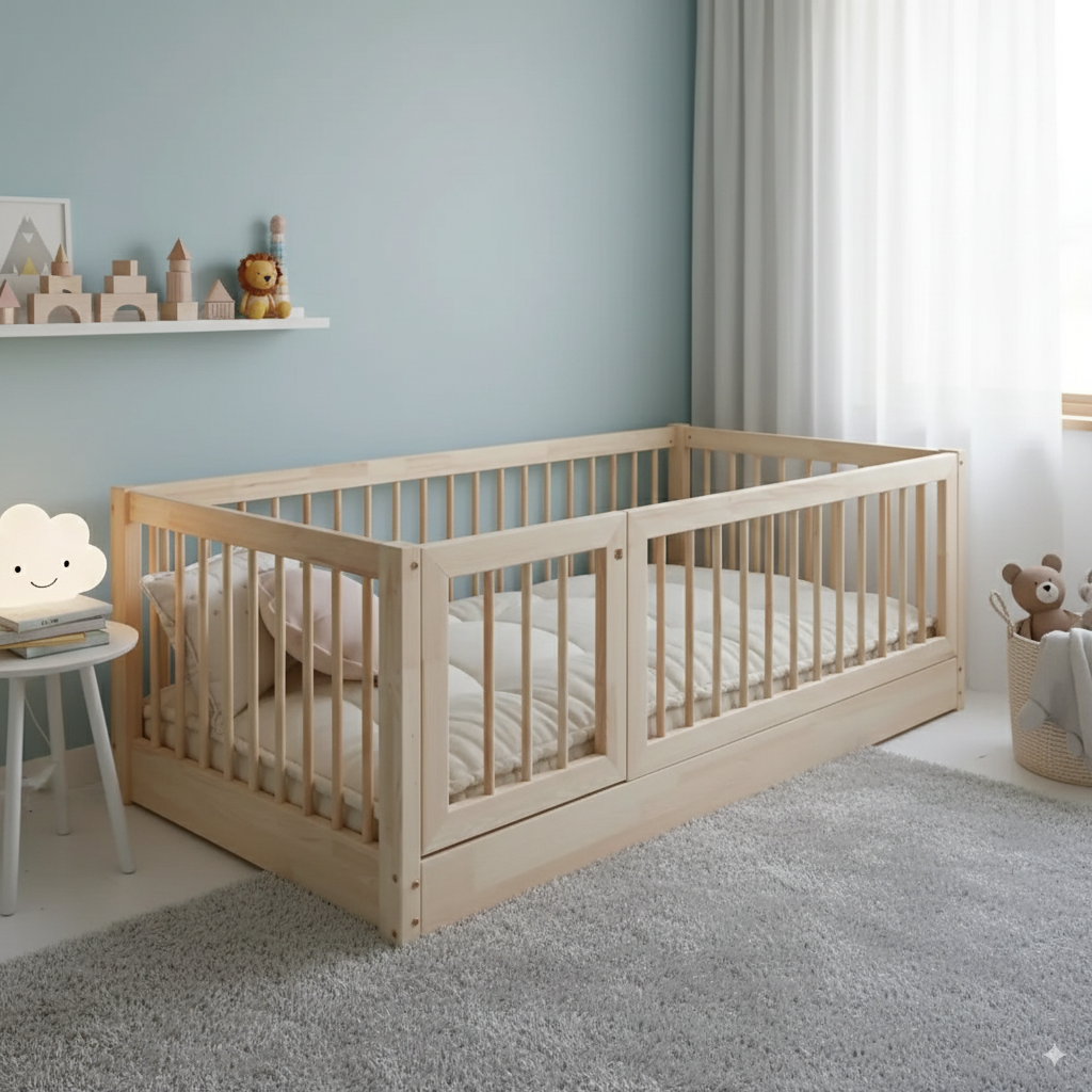 Baby Bodenbett Bambini aus naturbelassenem Kiefernholz mit erhöhtem Rundumschutzgitter und integrierter Tür für mehr Sicherheit.