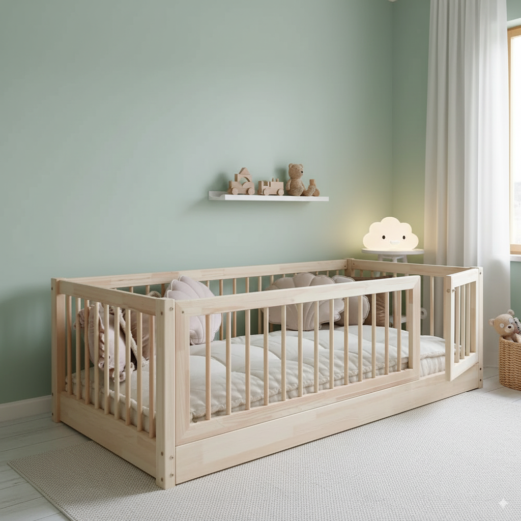 Baby Bodenbett Bambini aus Kiefernholz mit rundum Schutzgitter und Tür, natürliches Design für sicheres Schlafen und Spielen im Kinderzimmer.