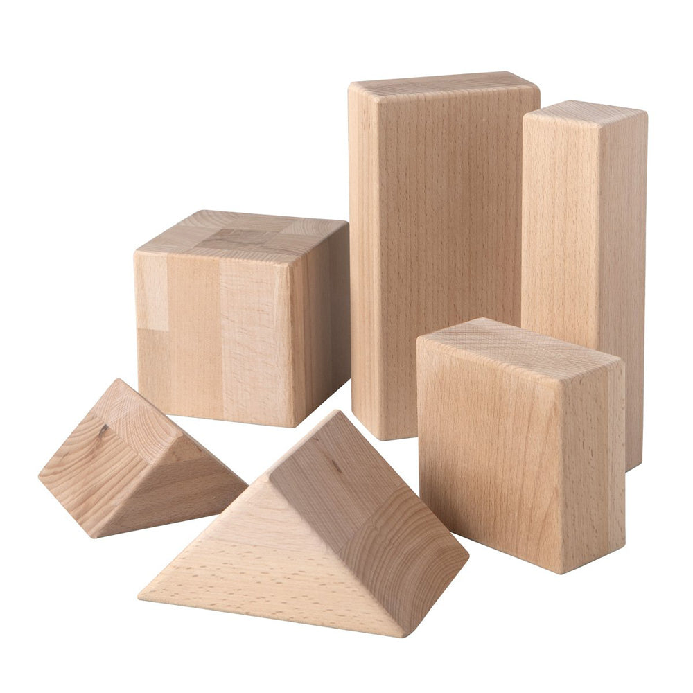Holzbausteine aus Buchenholz in verschiedenen Formen, ideal für kreatives Spielen und Förderung der Motorik im Spielzeug & Spiele Bereich.