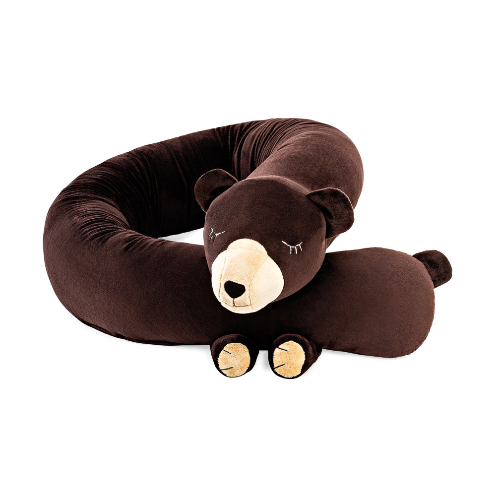 Weiche Bettschlange und Spielkissen Bruno der Bär in Braun, kuscheliger Schutz für Kinderbetten und gemütliche Träume.