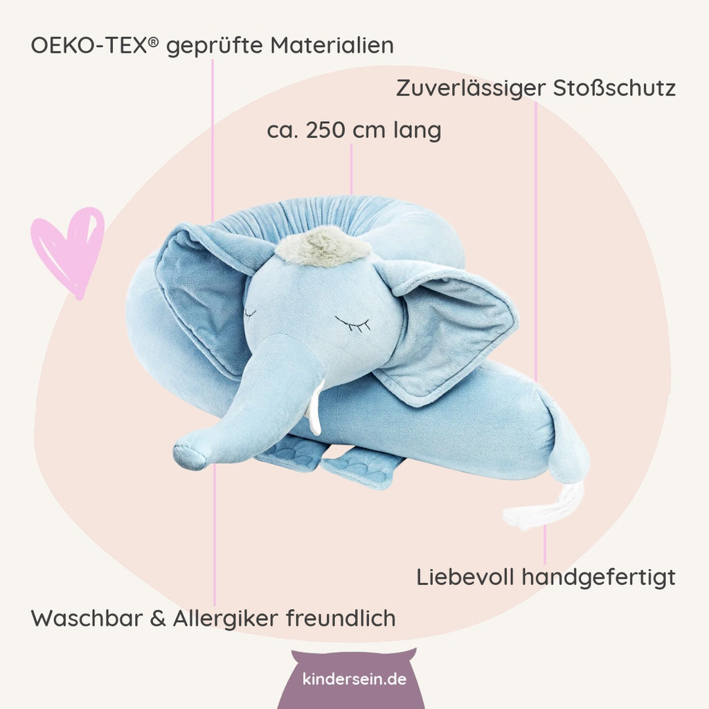 Weiche, handgefertigte Bettschlange Elise der Elefant aus OEKO-TEX® Material, ca. 250 cm lang, waschbar und allergikerfreundlich.