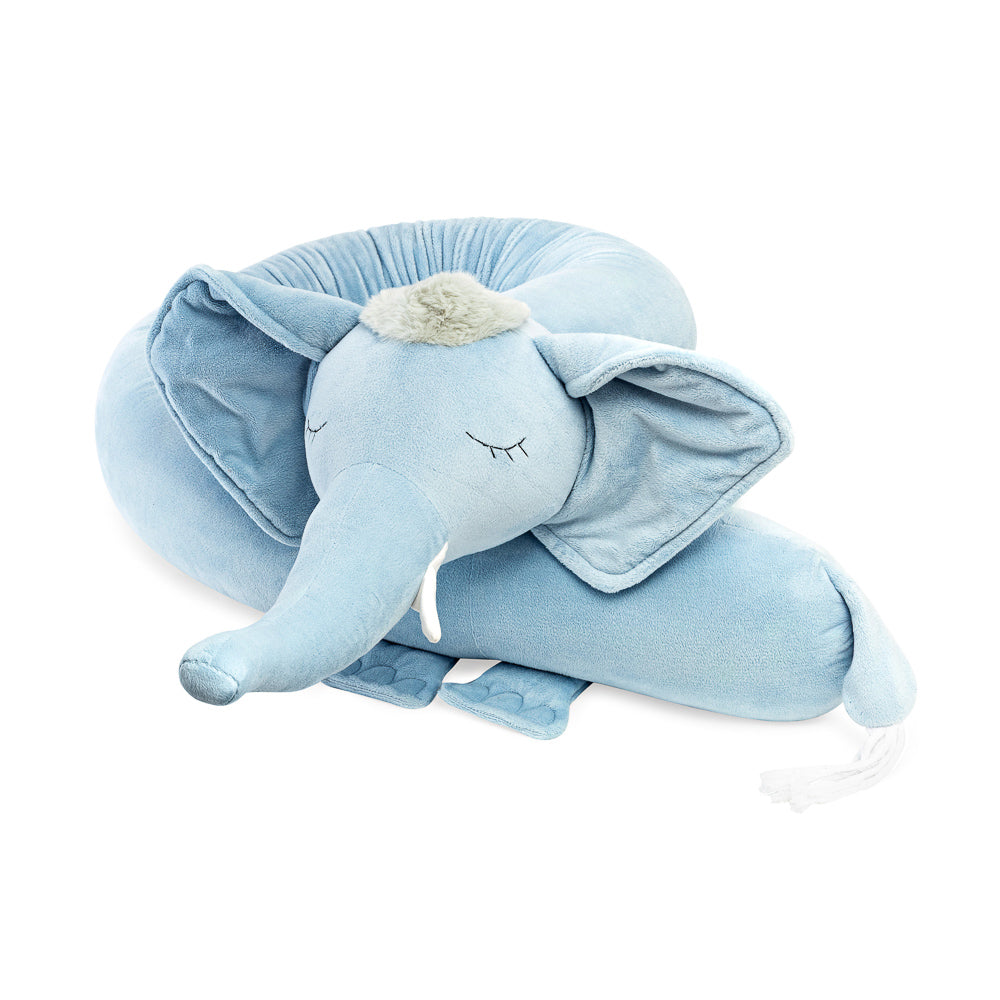 Weiches, blaues Bettschlange- und Spielkissen in Elefantenform, ideal als Kuschelbegleiter und Dekoration im Kinderzimmer.