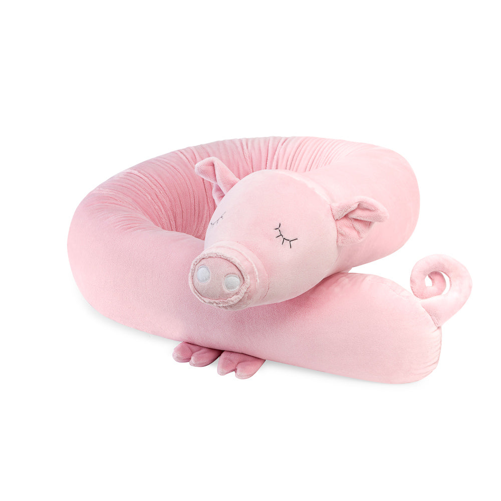 Weiche rosa Bettschlange und Spielkissen Frida das Ferkel, kuschelig und ideal für Geborgenheit im Kinderzimmer.