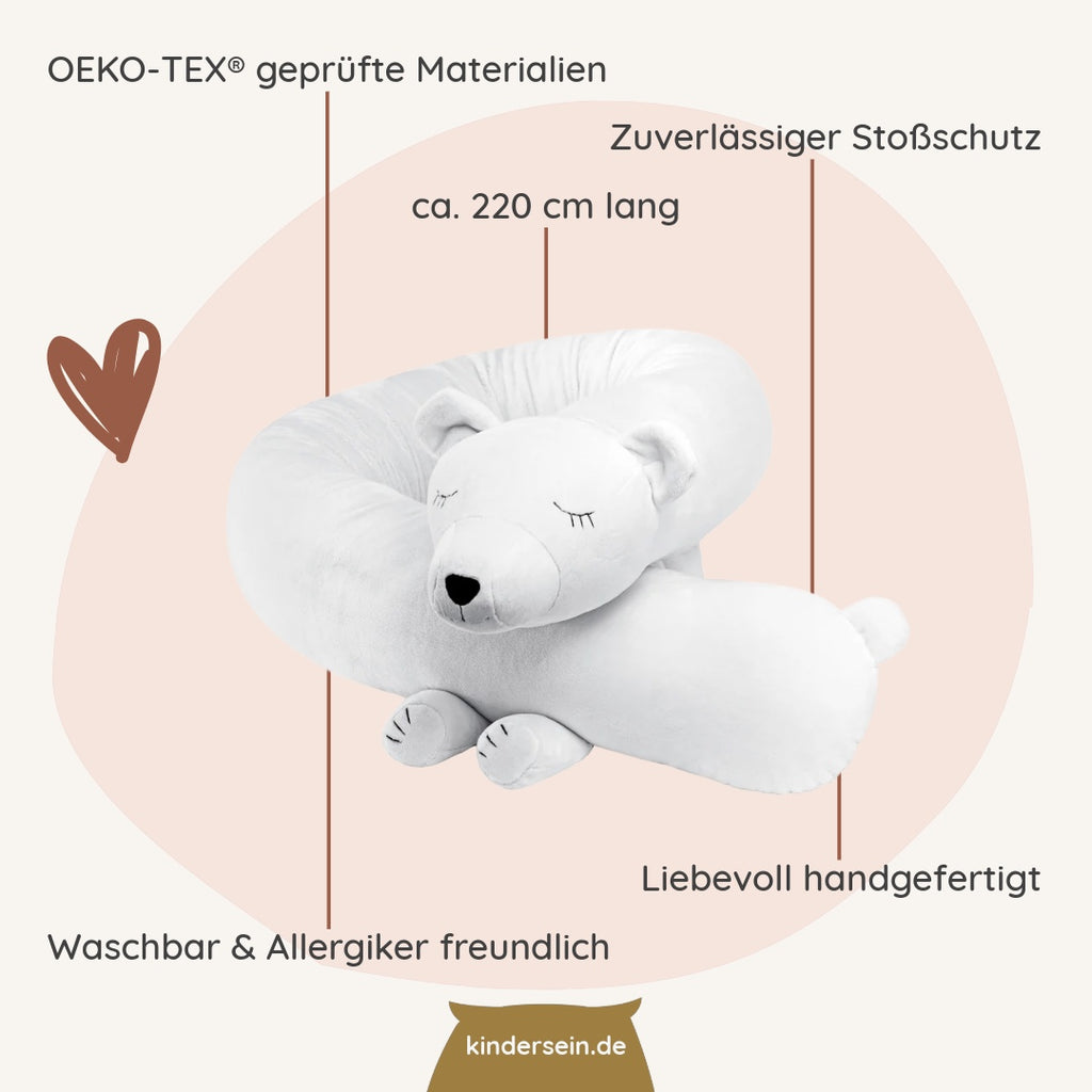 Weiche, 220 cm lange Bettschlange Lars der Eisbär, handgefertigt, OEKO-TEX® geprüft, waschbar und allergikerfreundlich für Kinderzimmer.