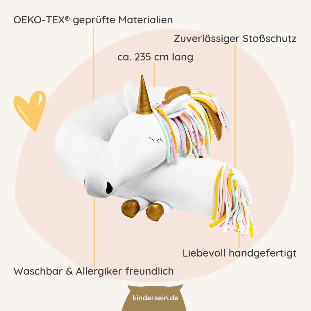 Weiche, handgefertigte Einhorn-Bettschlange mit OEKO-TEX®-Material, 235 cm lang, stoßsicher, waschbar und allergikerfreundlich.