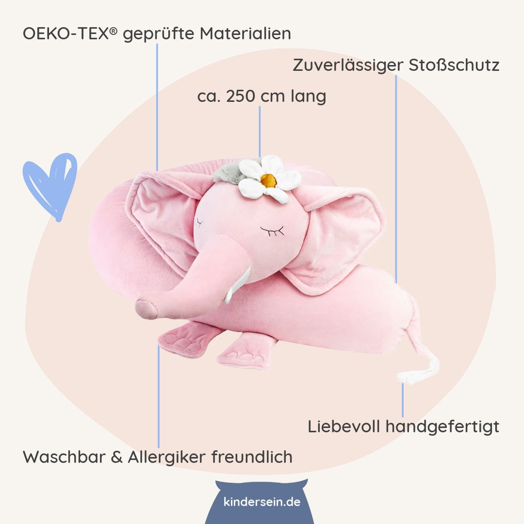 Rosa Elefanten-Bettschlange Rosalie, 250 cm lang, weich, OEKO-TEX® zertifiziert, allergikerfreundlich, handgefertigt und stoßschützend fürs Kinderzimmer.