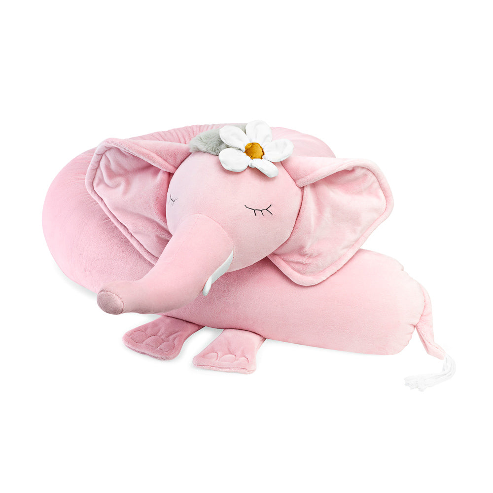 Rosa Bettschlange und Spielkissen Elefant Rosalie mit großer Blume, weich und kuschelig für gemütliche Kinderzimmermomente.