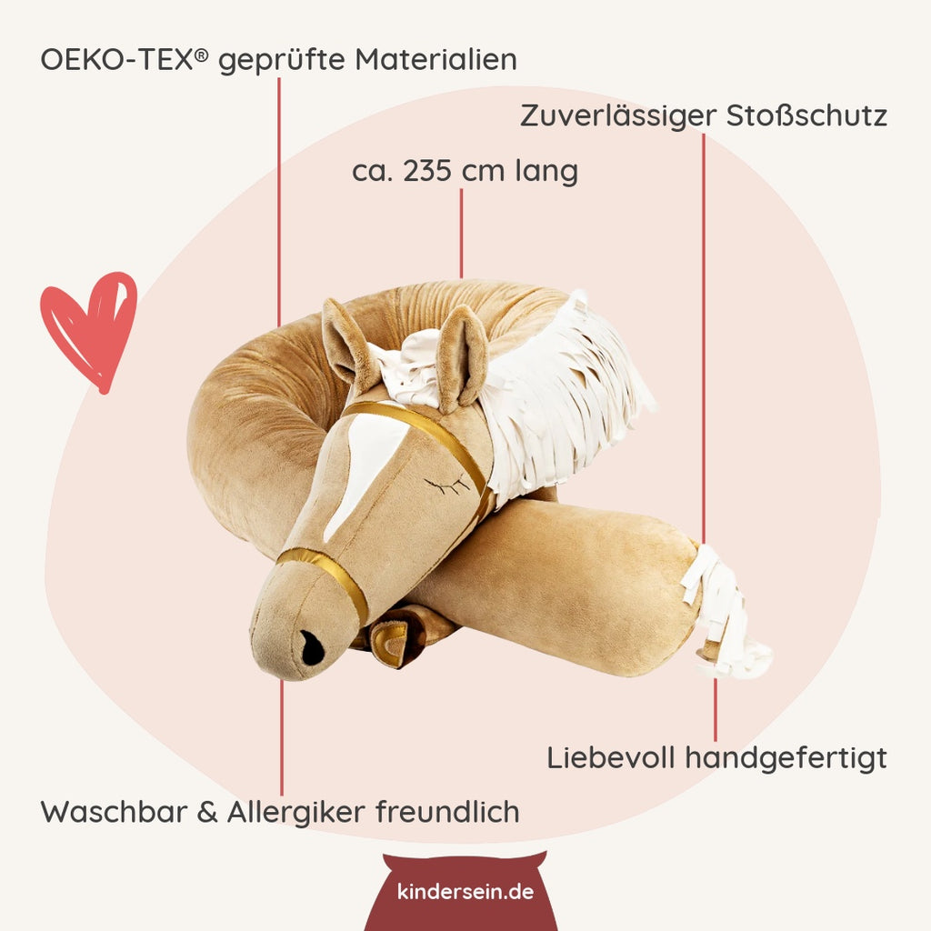 Bettschlange und Spielkissen Sabrina das Pferd, weich, handgefertigt, allergikerfreundlich, 235 cm lang, ideal als Kuschel- und Schutzkissen fürs Kinderbett.