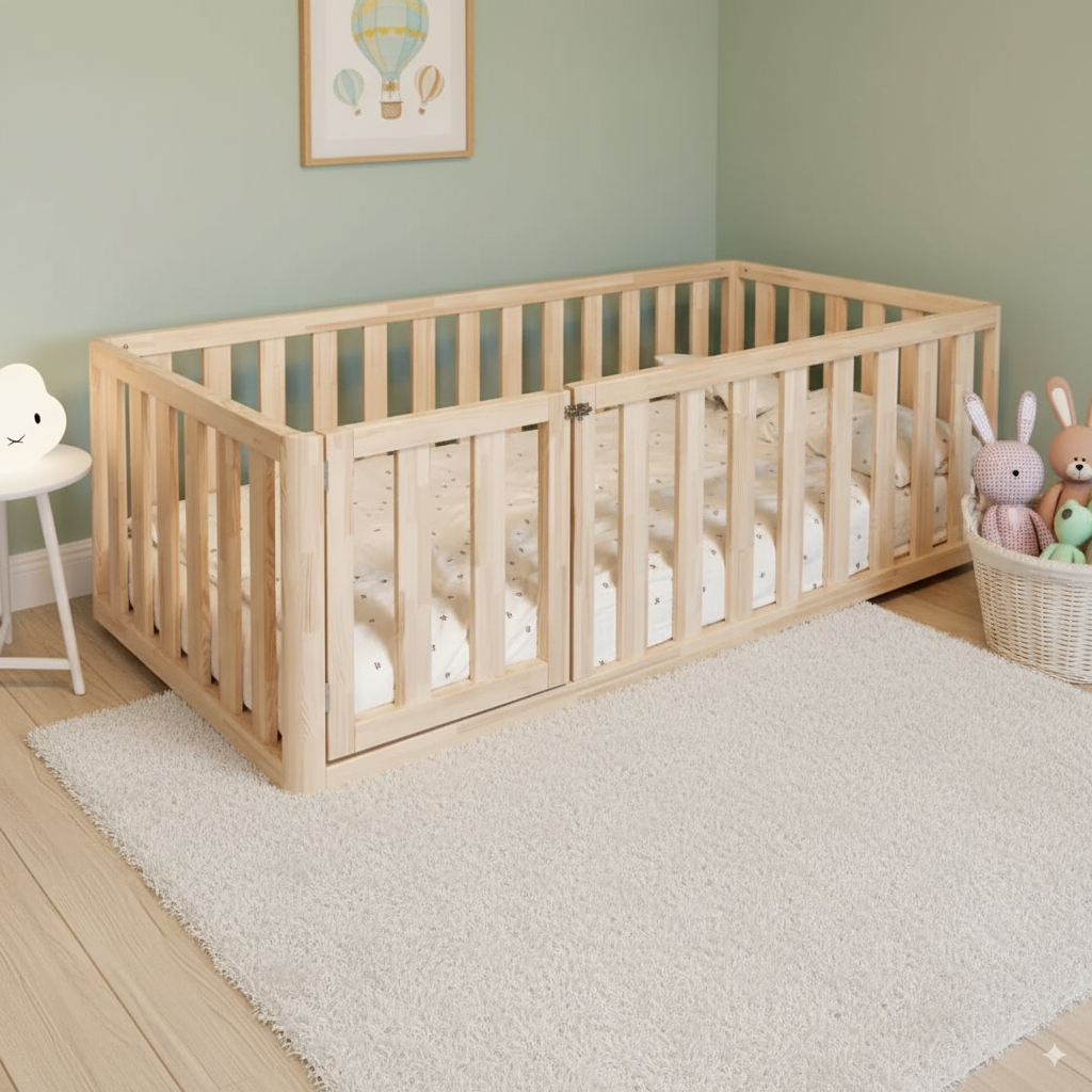 Bodenbett Bao mit rundum Schutzgitter und Tür aus FSC-zertifiziertem Kiefernholz in heller Kinderzimmereinrichtung.