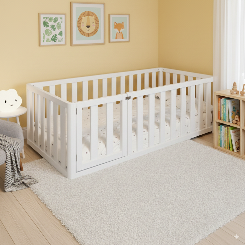 Weißes Bodenbett Bao mit erhöhtem Schutzgitter und Tür, gefertigt aus FSC-zertifiziertem Kiefernholz für sicheren Kinderschlaf.