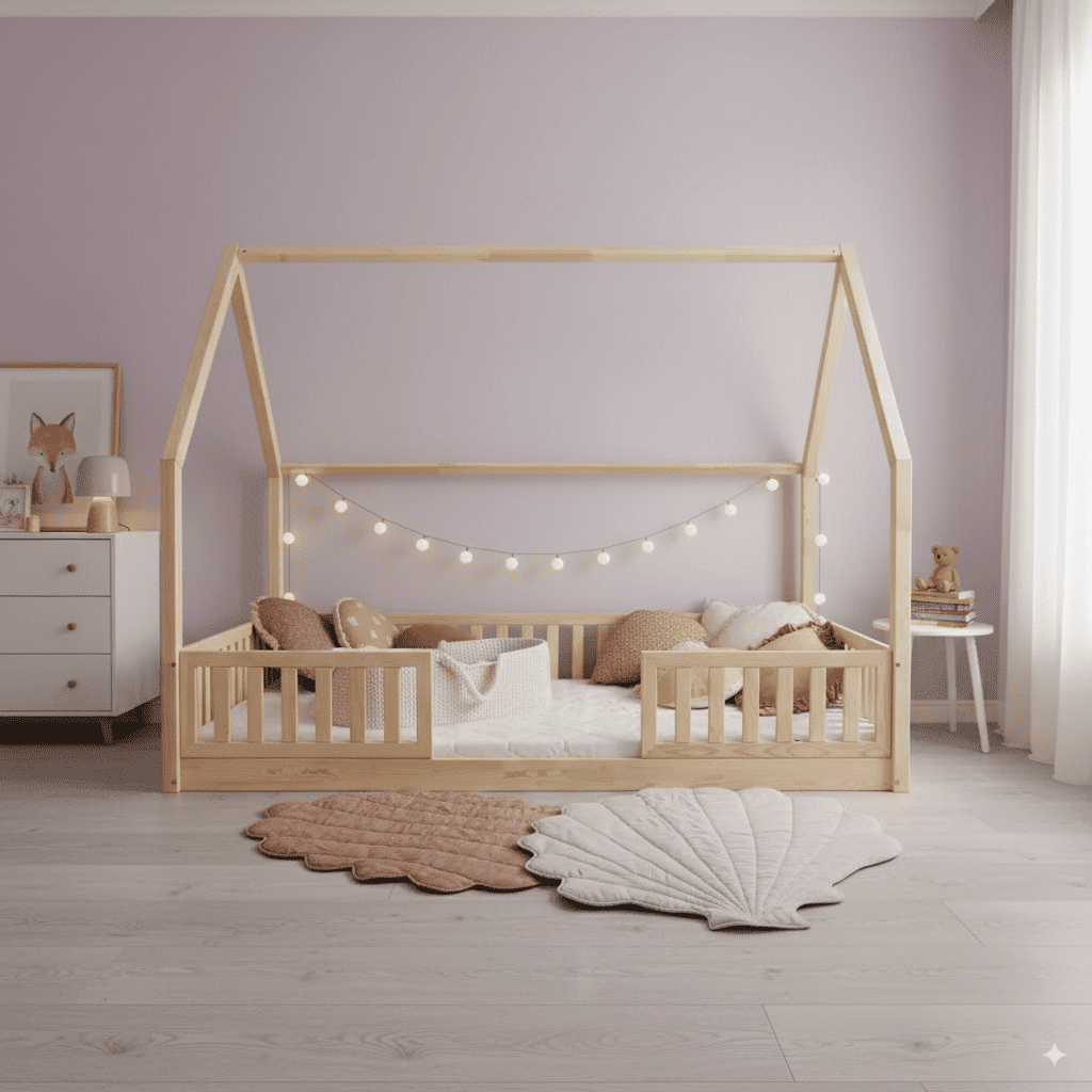 Holzbett im Hausstil für Kinder mit Lichterkette, weichen Kissen und gemusterten Teppichen, in einem hellen, pastellfarbenen Raum.