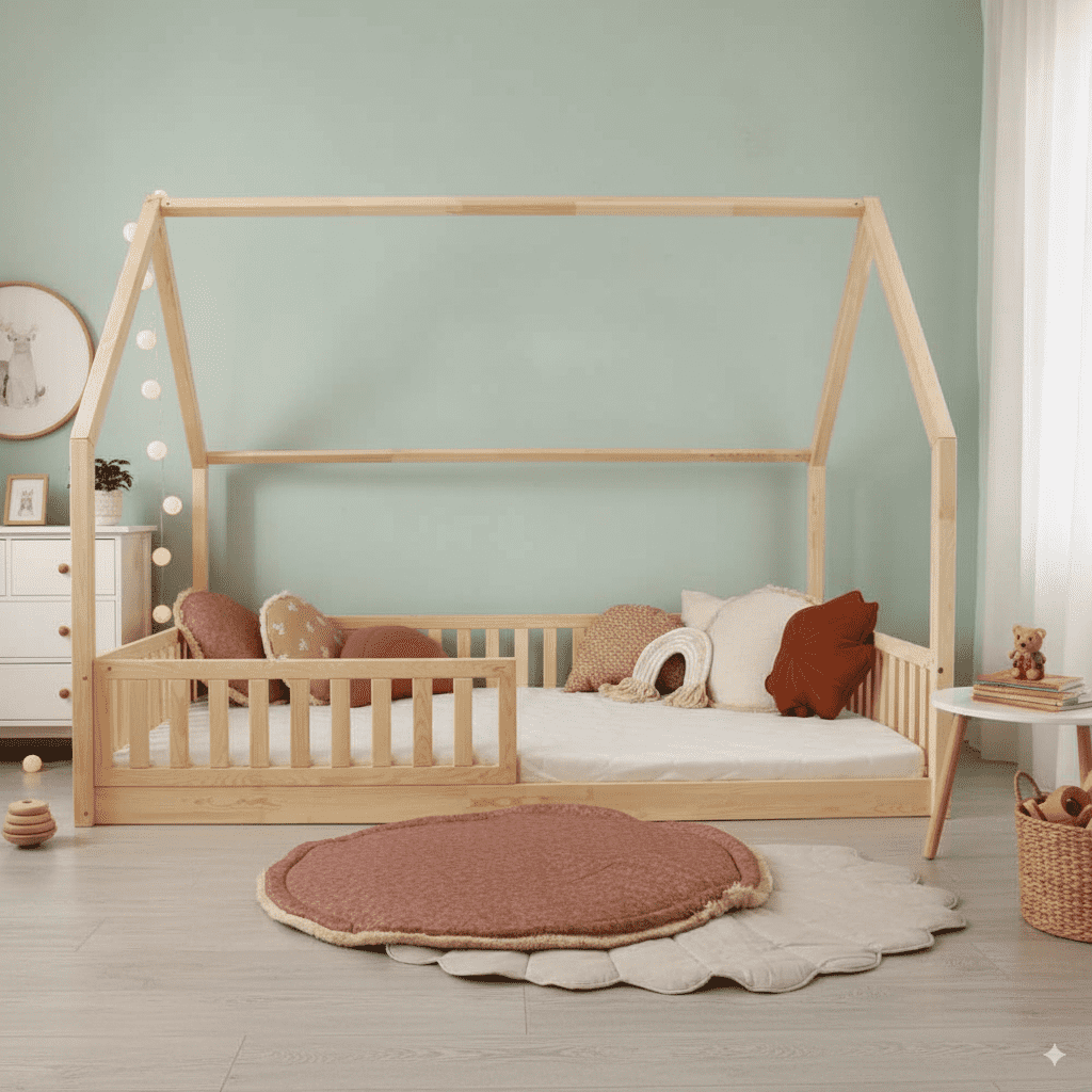 Kinderzimmer mit Hausbett aus Holz, dekoriert mit Kissen, Decken und Lichterkette. Holzfußboden und mintgrüne Wand im Hintergrund.
