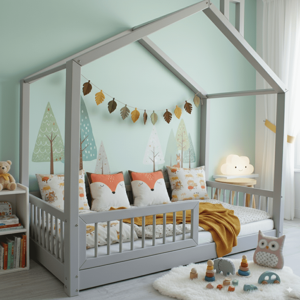 Gemütliches Kinderzimmer mit Hausbett, pastellfarbener Deko und Waldmotiven. Weiche Textilien und warmes Licht schaffen eine einladende Atmosphäre.