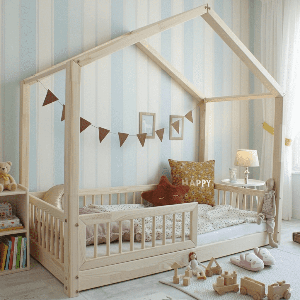 Schönes Kinderzimmer mit Spielzeug, Hausbett aus Holz, gemütlichen Kissen und Wimpelkette, helles Tageslicht auf gestreifte Tapete.