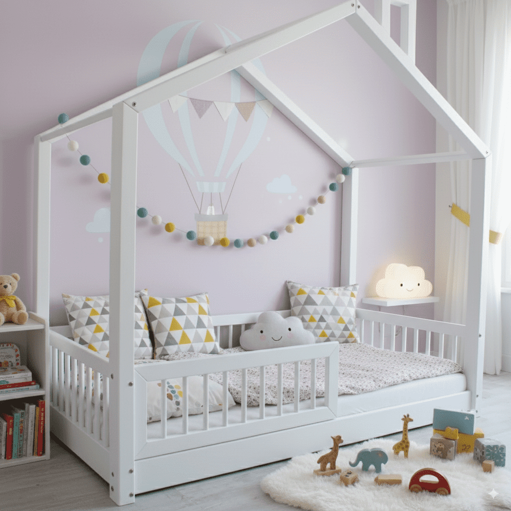 Gemütliches Kinderzimmer mit Hausbett, pastellfarbener Wand, Wolken-Lampe und dekorativem Spielzeug, warm und einladend gestaltet.