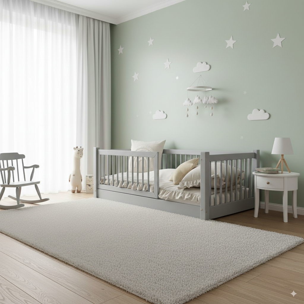 Kindgerechtes Bodenbett Eleva aus FSC-zertifiziertem Kiefernsperrholz mit Rausfallschutz, ideal für sicheren und gemütlichen Kinderschlaf.