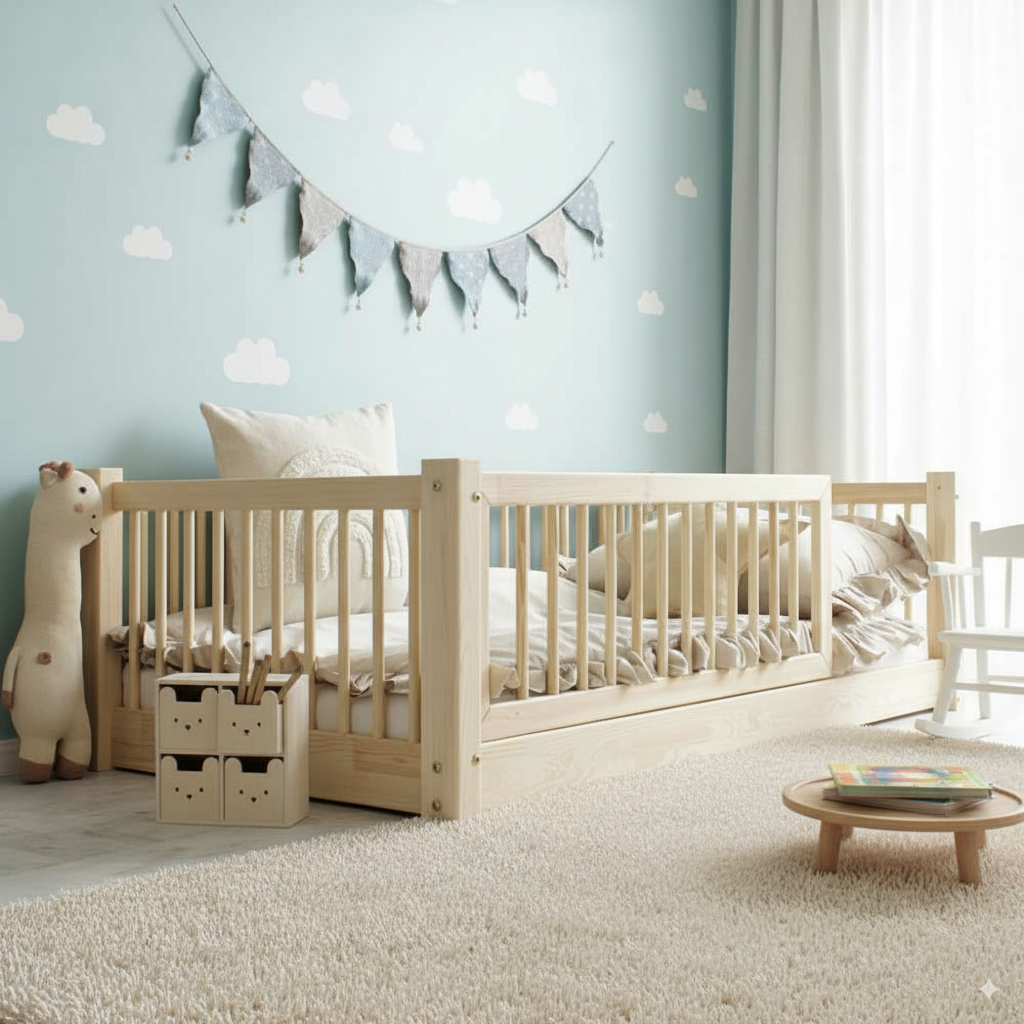 Helles Bodenbett Eleva aus FSC-zertifiziertem Kiefernsperrholz mit abnehmbarem Rausfallschutz im gemütlichen Kinderzimmer.