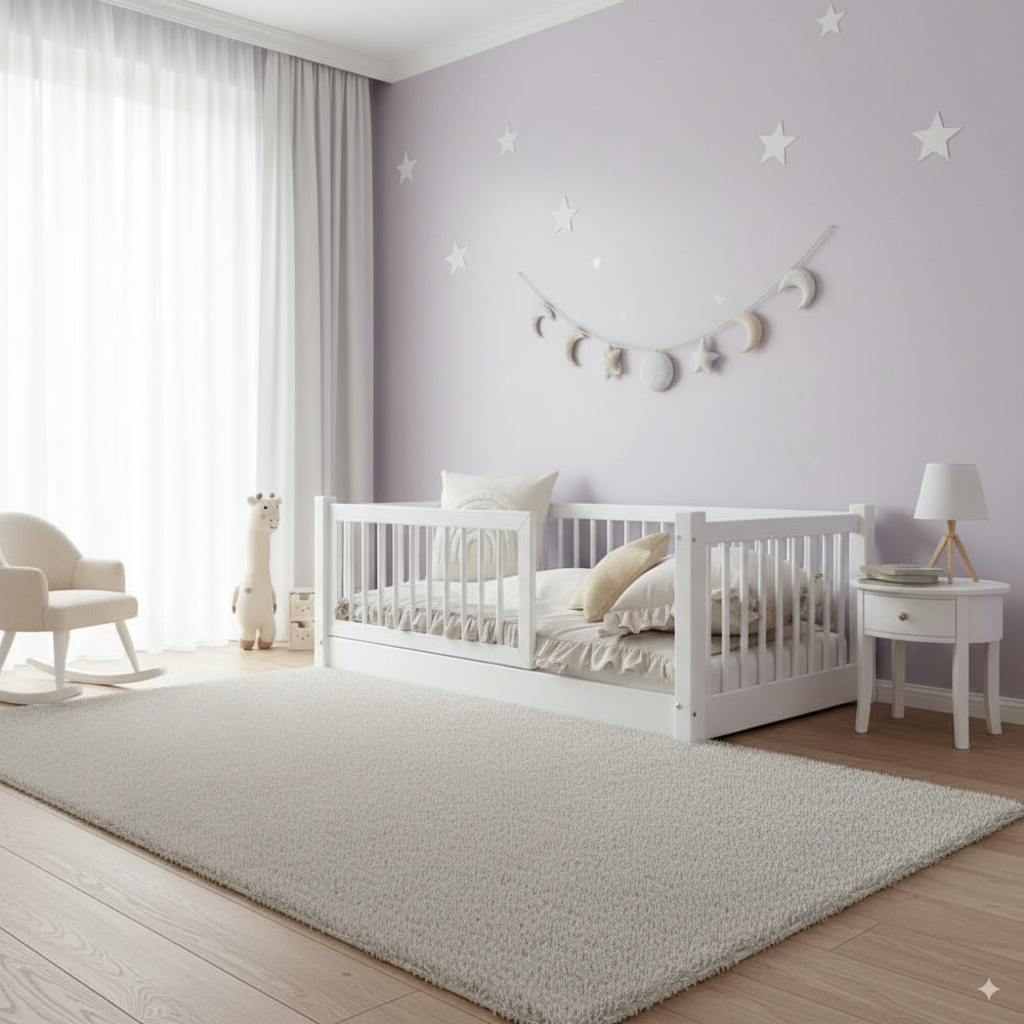 Kindgerechtes Bodenbett Eleva aus hellem Holz mit Rausfallschutz, gemütlich und sicher im stilvollen Kinderzimmer eingerichtet.