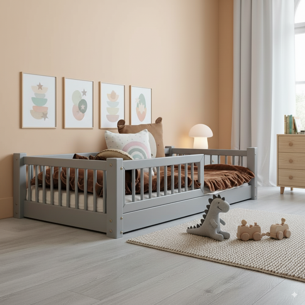 Kinderzimmer mit Bodenbett Flora aus Holz und Rausfallschutz, gemütlich und sicher für kleine Kinder, in einem modernen, hellen Raum.