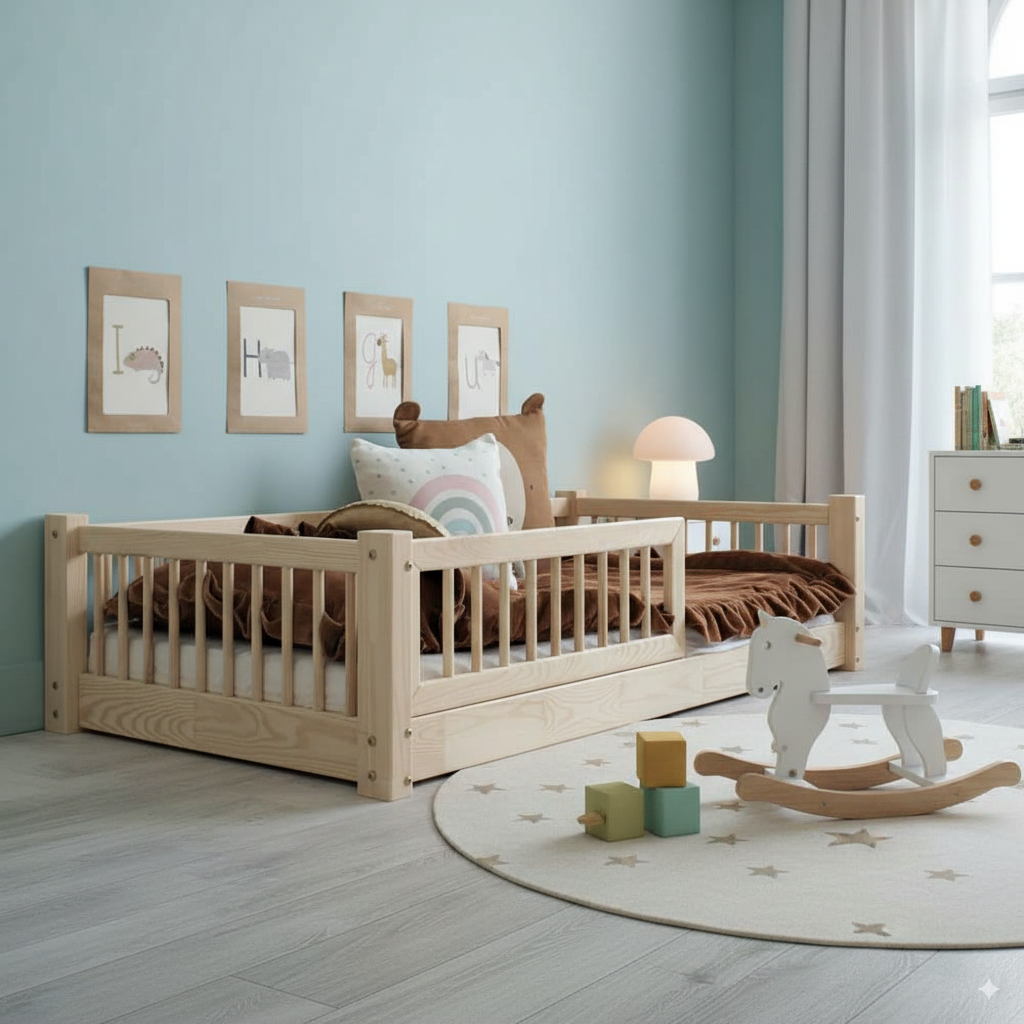 Bodenbett Flora aus FSC-zertifiziertem Holz mit Rausfallschutz in gemütlichem, hellem Kinderzimmer mit Spielzeug und Dekoration.