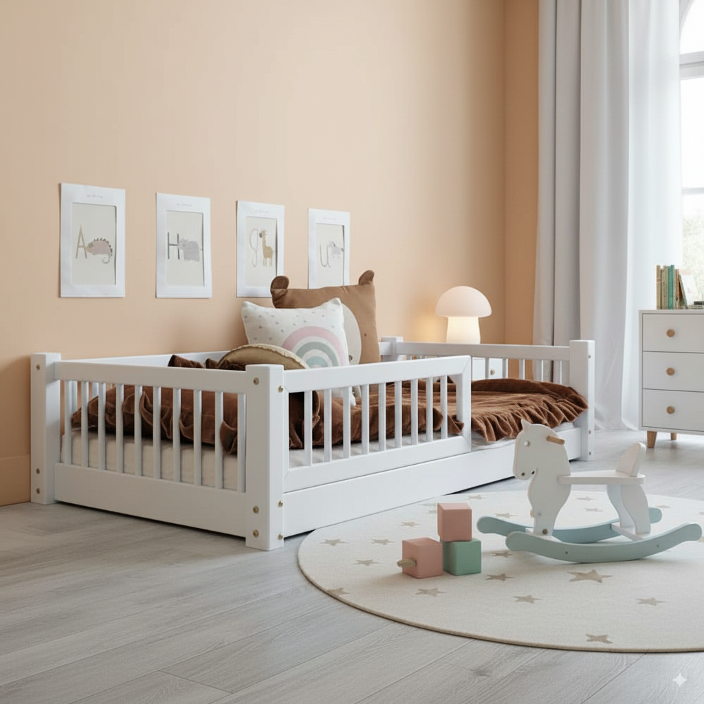Weißes Kinder-Bodenbett Flora aus Holz mit Rausfallschutz, gemütlich und sicher, modern eingerichtet im warmen Kinderzimmer.