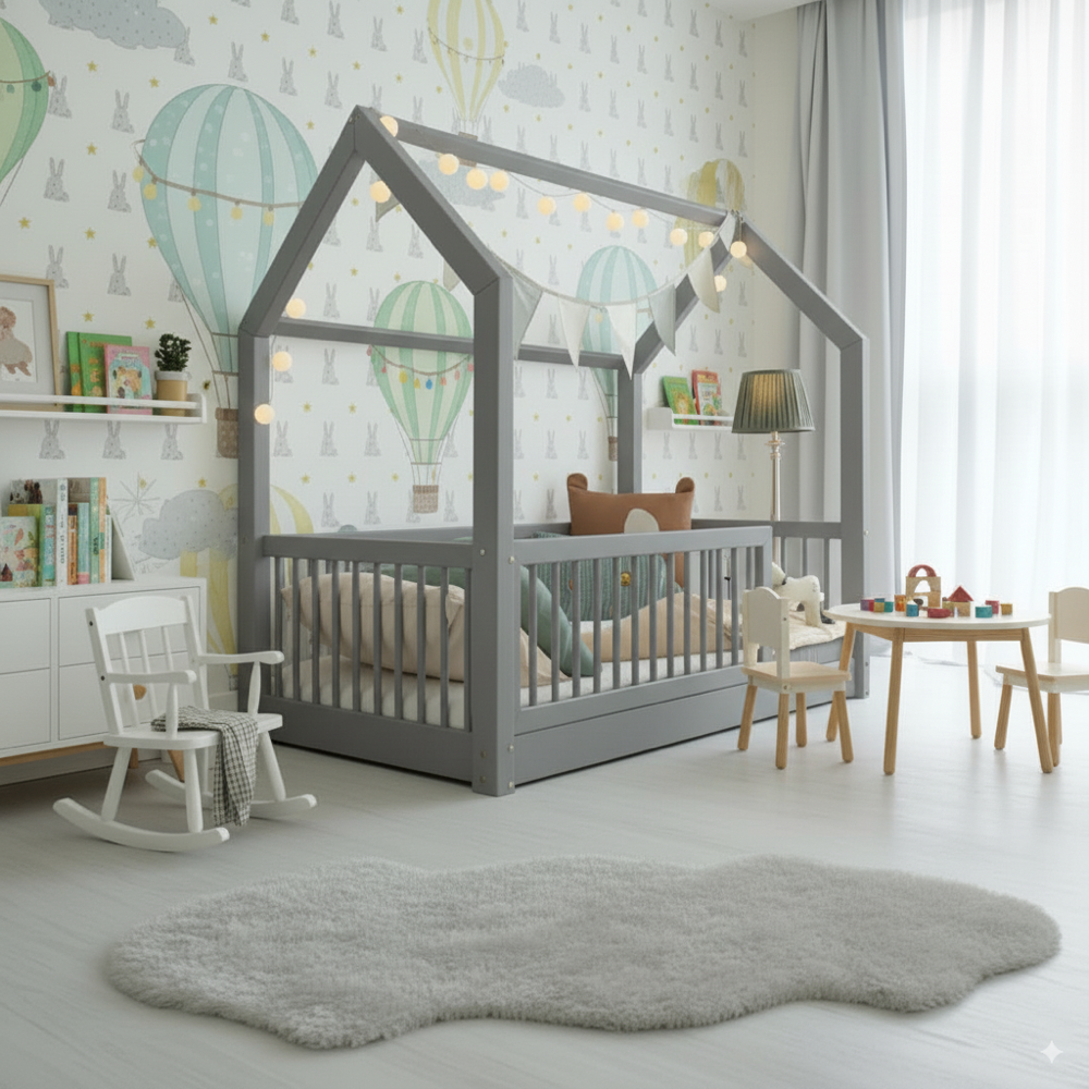 Bodenbett Flori aus Holz in Grau, Kinderhausbett mit Rausfallschutz und verspielter Deko, ideal für sichere und gemütliche Kinderzimmer.