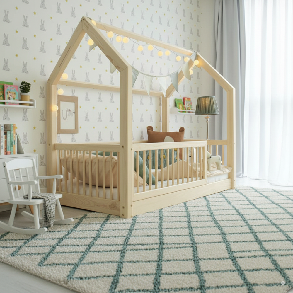 Bodenbett Flori aus hellem FSC-zertifiziertem Holz mit Rausfallschutz in gemütlichem Kinderzimmer mit Teppich und Spielzeugstuhl.