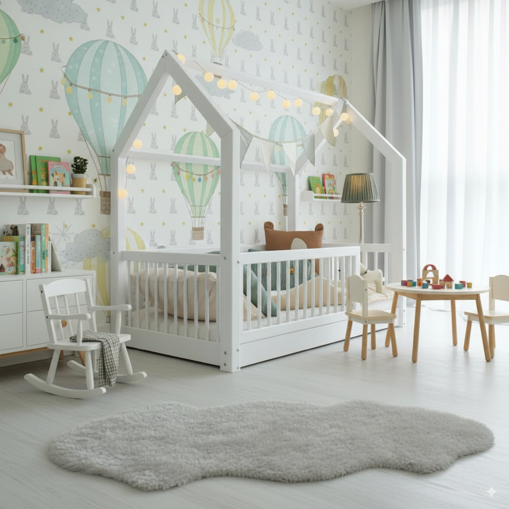 Modernes weißes Bodenbett Flori aus Holz in Hausform, kindgerecht mit abnehmbarem Rausfallschutz, gemütlich im hellen Kinderzimmer gestaltet.