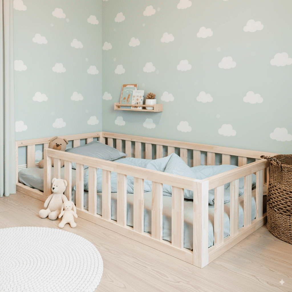 Holz-Kleinkinderbett in einem zarten, pastellblauen Zimmer mit Wolkentapete. Kuscheltiere und Korb verzieren den Raum.