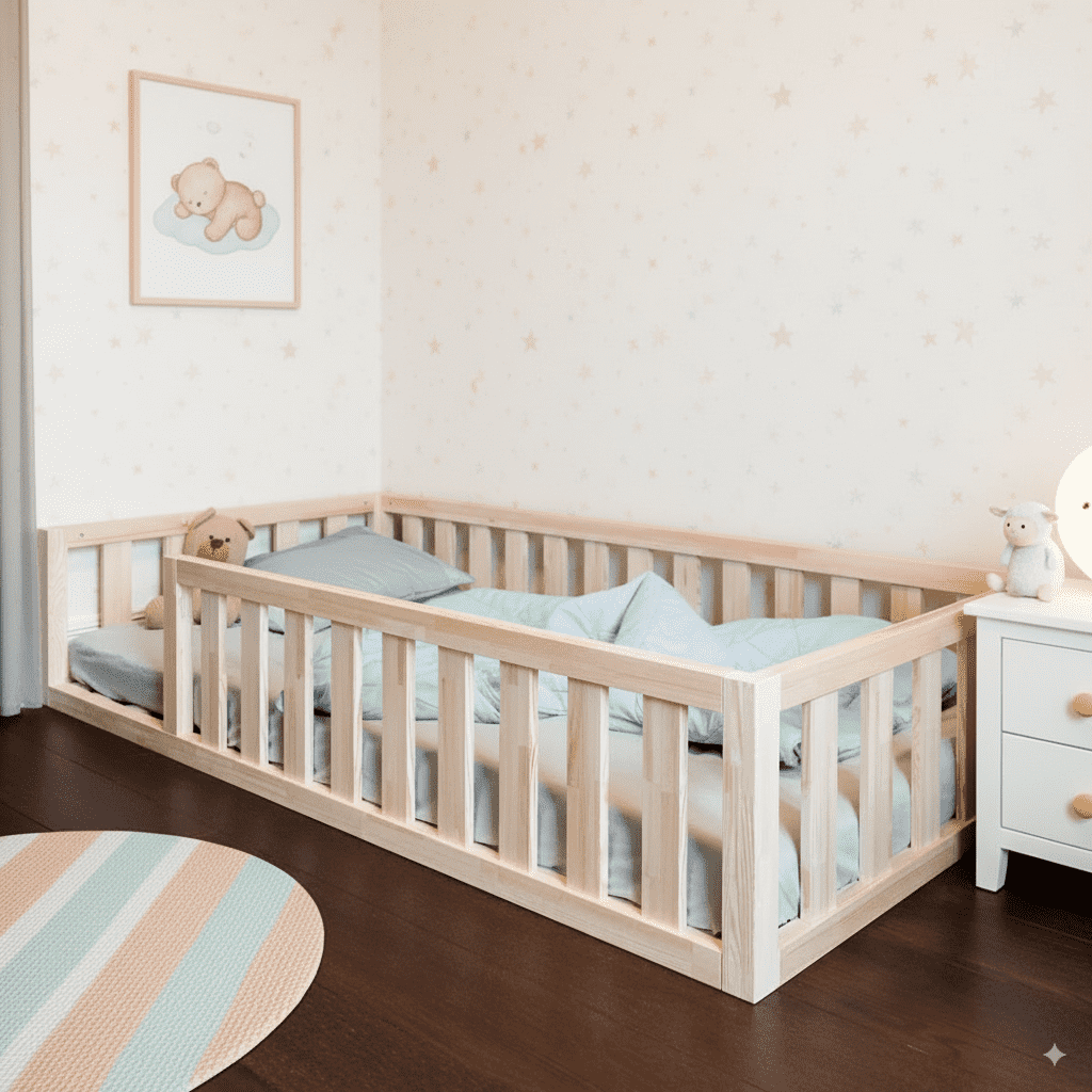 Holz-Kinderbett mit blauer Bettwäsche in einem hellen Kinderzimmer, dekoriert mit einem Bärenbild und sanften Pastellfarben.