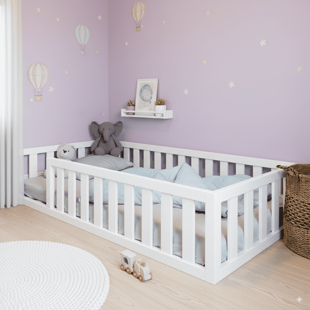 Kinderzimmer mit lila Wänden, heiß Luftballon Tapete, weißem Gitterbett, Kuscheltieren, rundem Teppich und geflochtenem Korb.