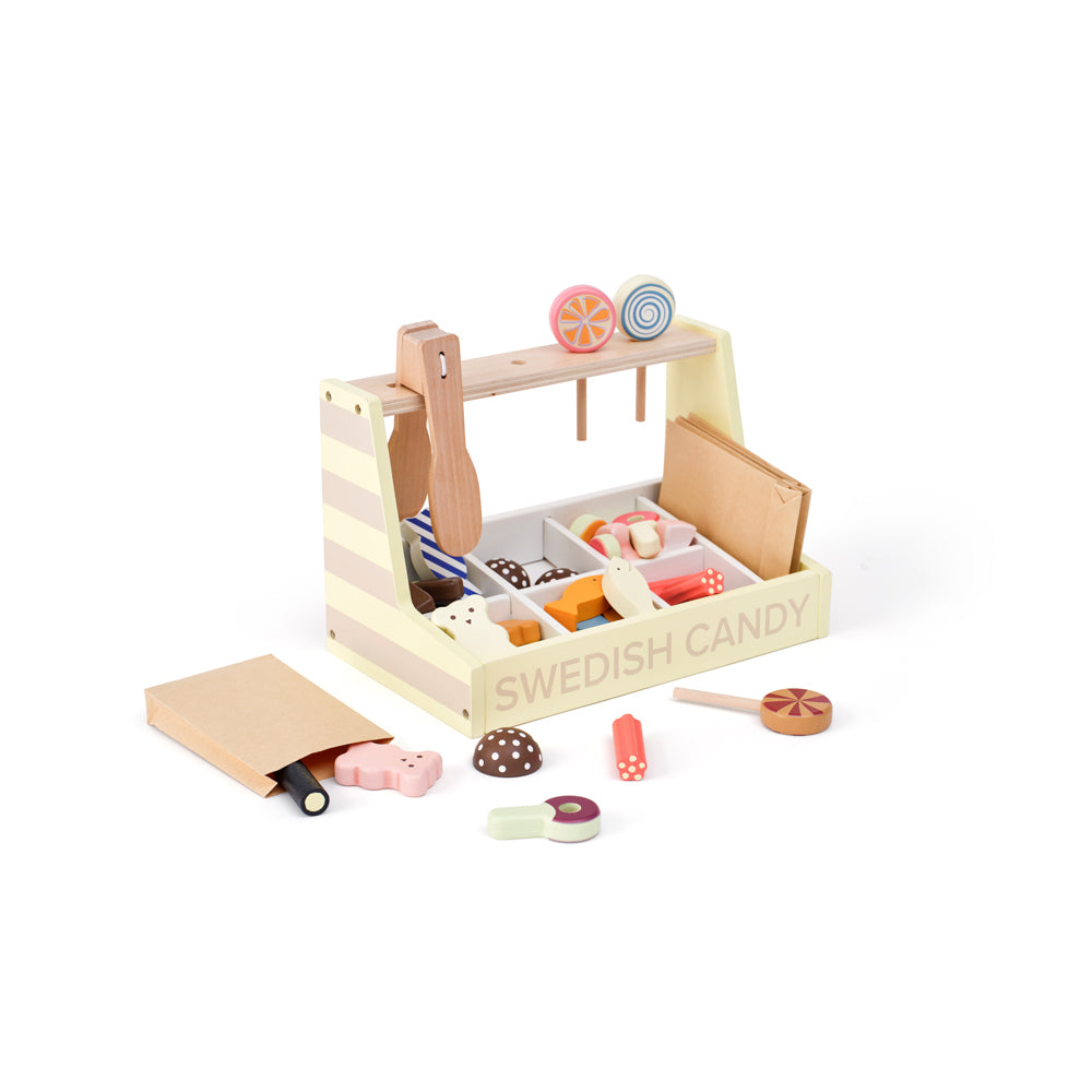 Candybar-Spielset aus Holz mit 36 Teilen für Kinderküchen, fördert Motorik und Fantasie, ideal als Geschenk aus Kategorie Holzspielzeug.