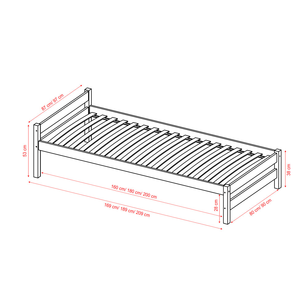 Skizze des Kinderbetts Alex Sweetdreams Basic aus Kiefernholz mit Maßen für verschiedene Größen und Lattenrost aus Birkenholz.