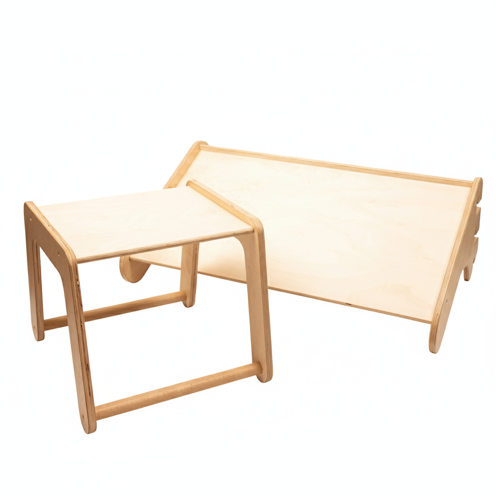 Erweiterungsset aus hellem Birkensperrholz mit Tisch und Stuhl für Kinderzimmer, passend zur 2in1 Kletterdreieck Sprossenwand.