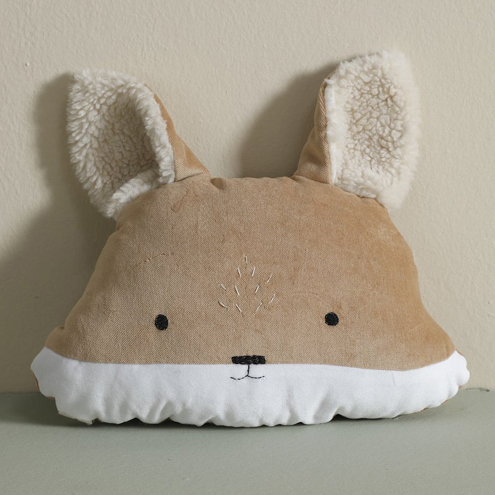 Weiches Fuchs-Kissen aus Samt und Teddystoff, ideal für Textilien im Kinderzimmer und kuschelige Kissen für Kinder.
