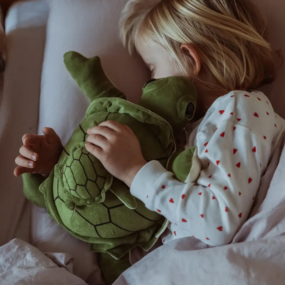 Kind schläft friedlich mit einem gewichteten Kuscheltier Plüsch Schildkröte aus der Spielzeug & Spiele Geschenkekollektion