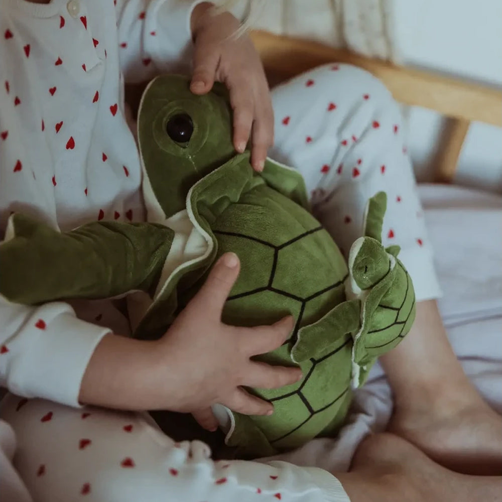 Kind hält ein gewichtetes Kuscheltier Plüsch Schildkröte in grüner Farbe aus der Themenwelt Tierwelt und Spielzeug & Spiele.
