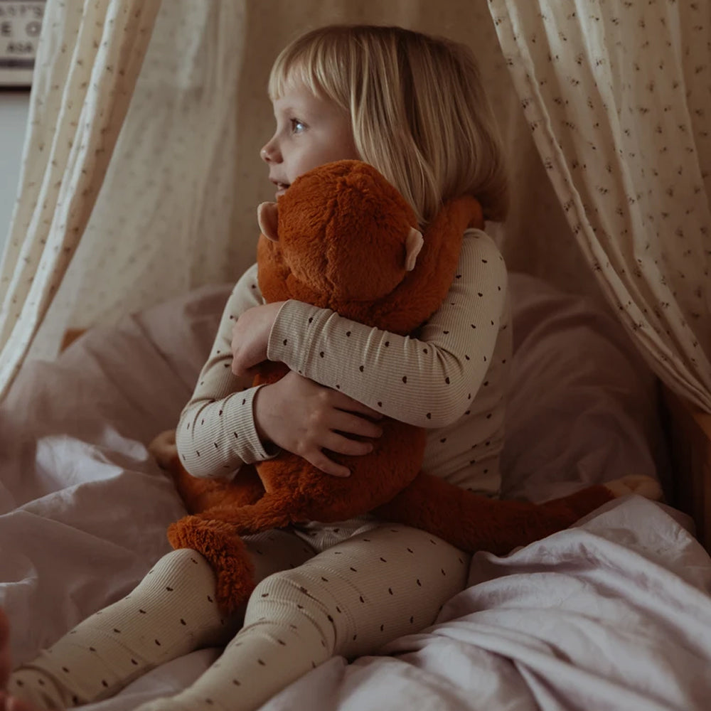 Kind umarmt weiches Gewichts-Kuscheltier Plüschaffe, 1,1 kg, aus der Kollektion Spielzeug & Spiele, Geschenke, Tierwelt Themenwelt.