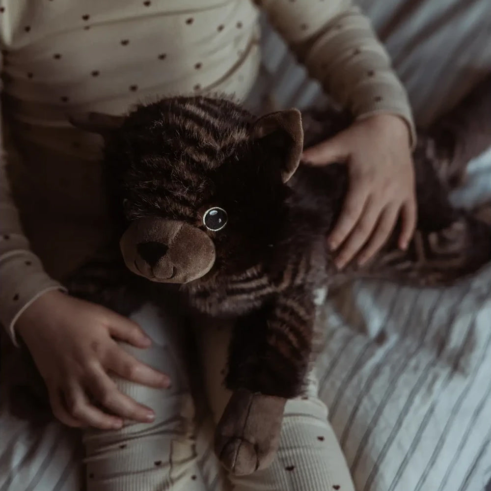 Kind sitzt mit einer 1,2 kg gewichteten Kuscheltier Plüschkatze, ideal als Geschenk aus Spielzeug & Spiele Sammlung.