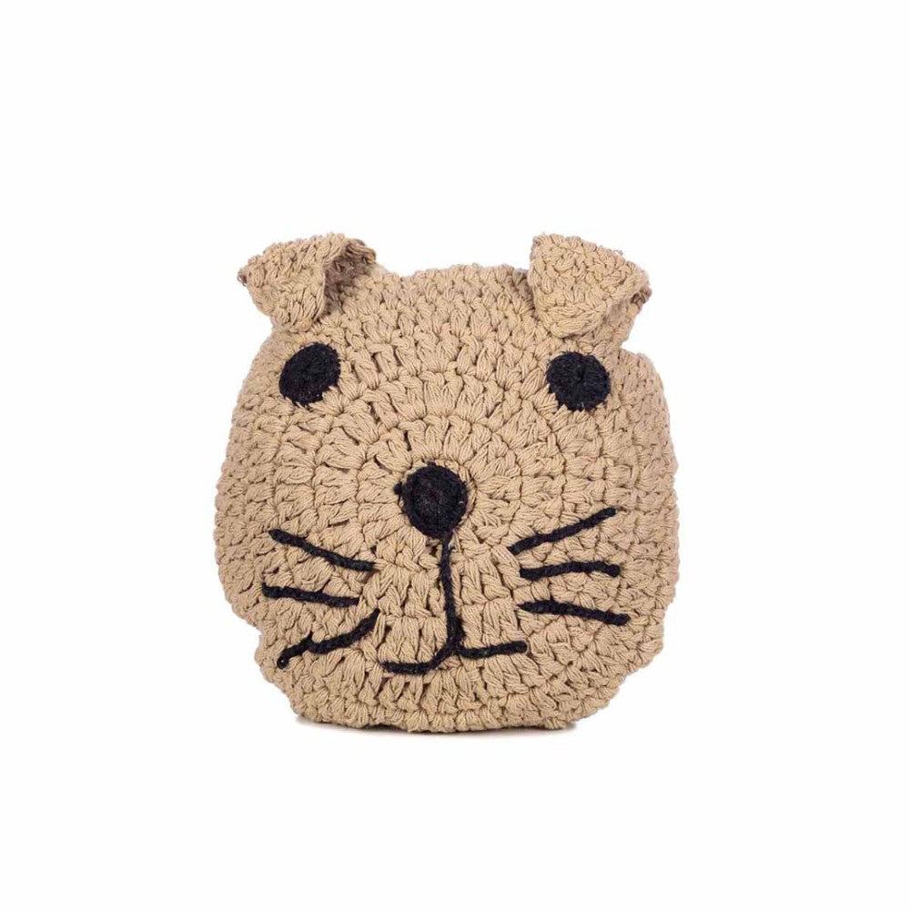 Handgehäkeltes Kinderkissen in Katzenform aus weicher Baumwolle, 38 cm Durchmesser, perfekt für Kuscheln und Dekoration im Kinderzimmer.