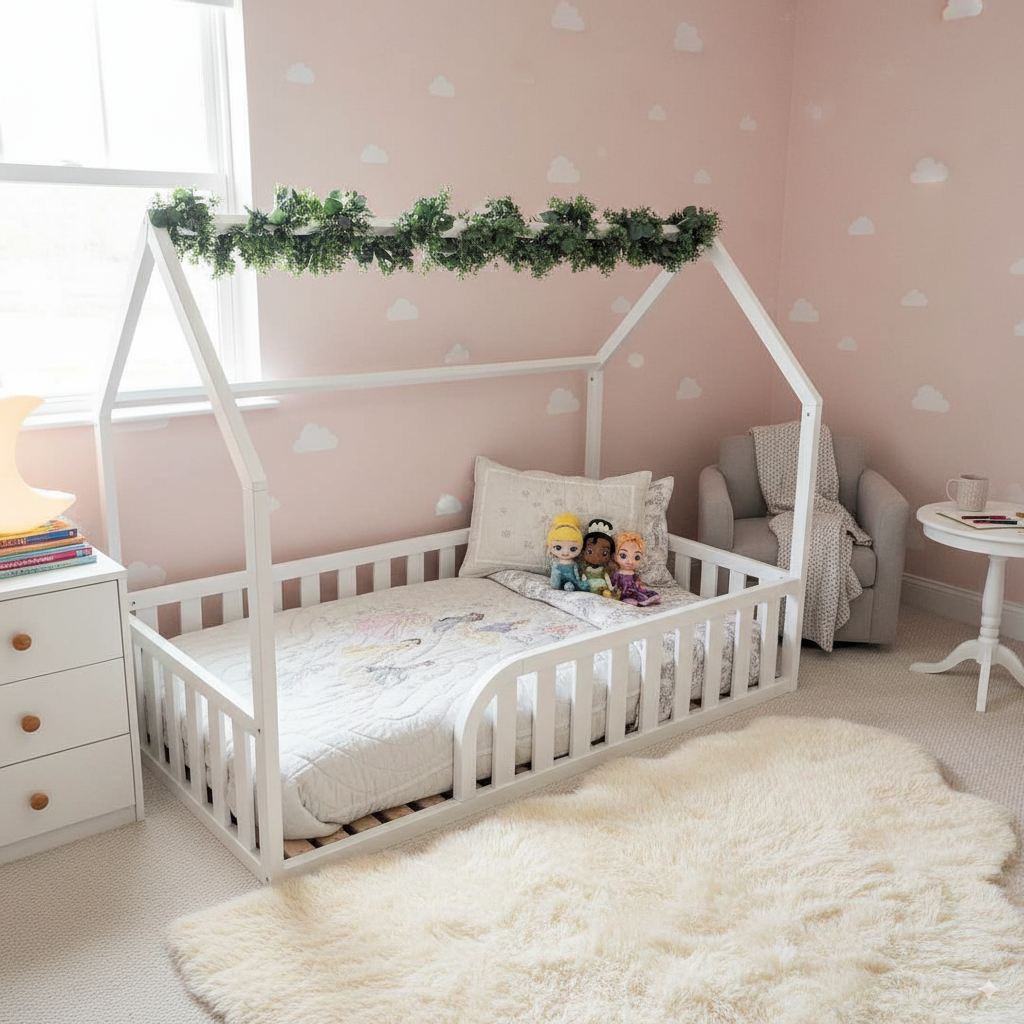 Weißes Kinder-Haus-Bodenbett mit Rausfallschutz, Dekoration aus grünen Blättern, gemütliche Kinderzimmer-Einrichtung mit Kuscheltieren.