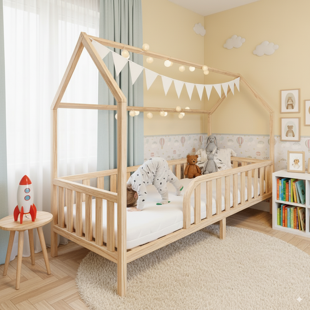 Hausbett Homy aus FSC-Kiefernholz mit Rausfallschutz, natürlicher Look, dekorative Lichterkette, kindersicher und gemütlich im Kinderzimmer.